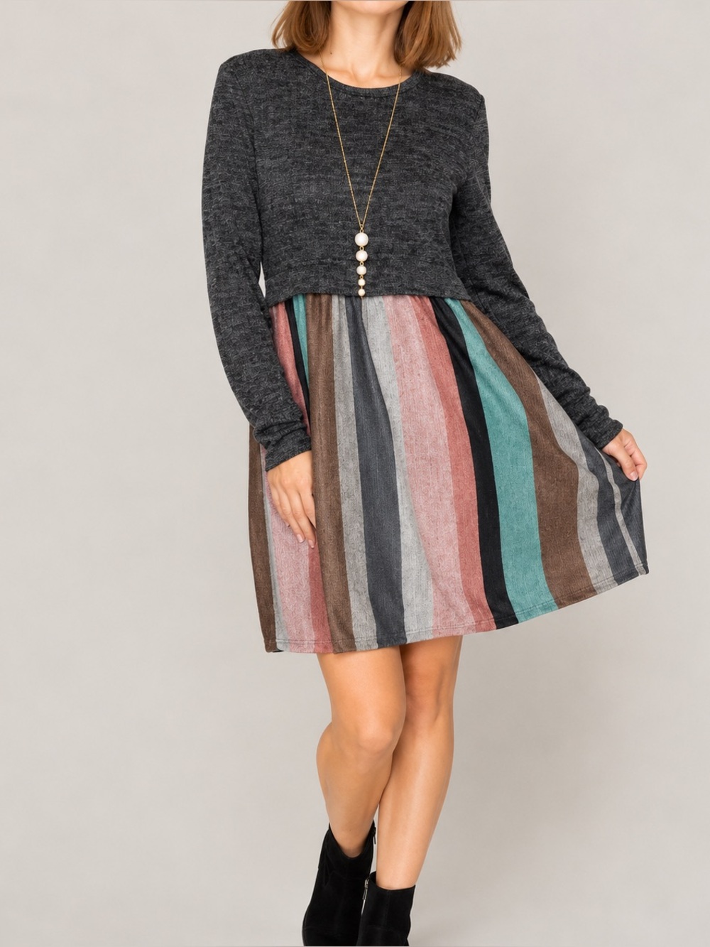 Egs By Eloges Charcoal And Pink Mint‎ Multi Stripe Pullover Dress